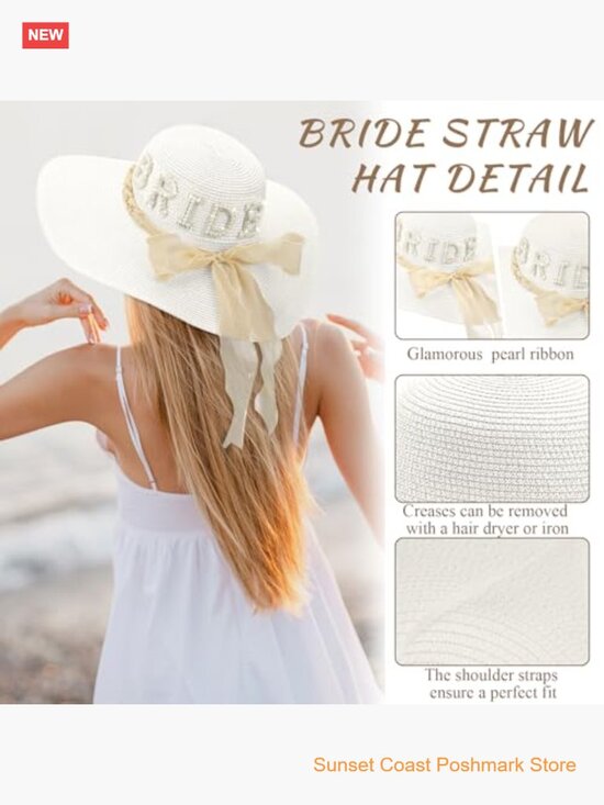 Women\'s Straw Wide Brim Sun Hat with Pearl Letter Patch for Bridal Wedding main image 7